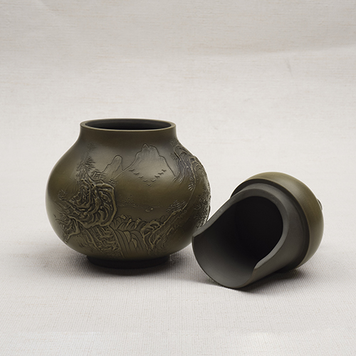 葫蘆堆雕山水茶罐-窯變 